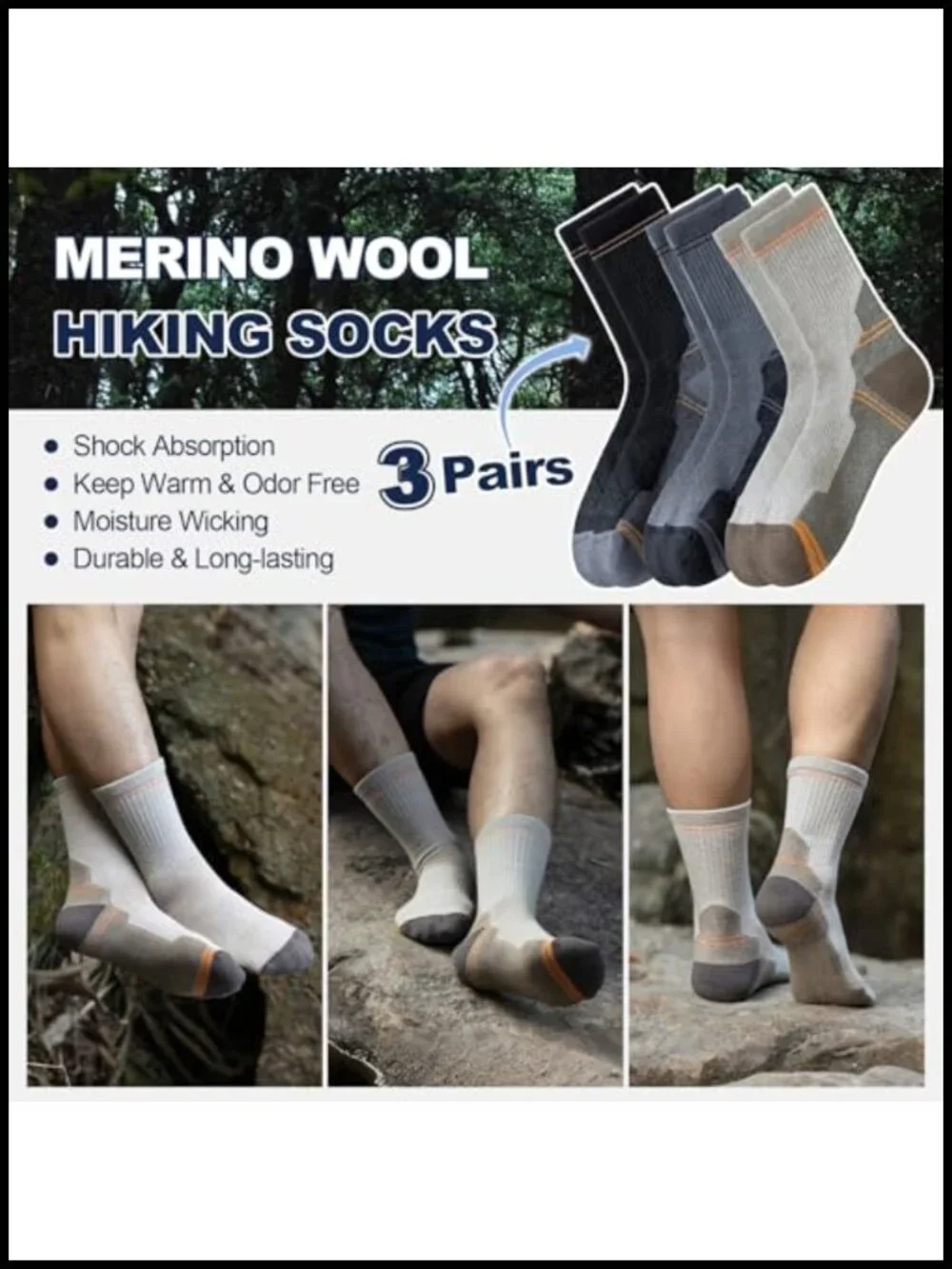 Men's 70% Merino Wool Light Cushion Crew Hiking Dress Socks Moisture Wicking